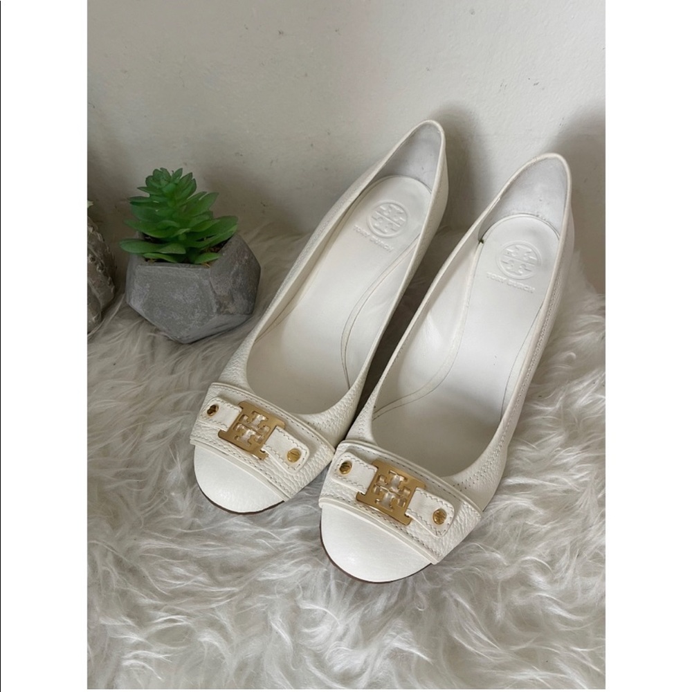 Tory Burch Carnell White Leather Logo Wedges SZ:11